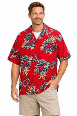 1990s Hilo Hattie Hawaiian Shirt Red Floral Ukulele Print Cotton XL